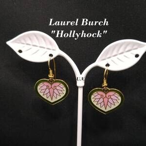 Laurel Burch Hollyhock Floral Earrings, Gold Plated Cloisonne, Enamel, 1980s
